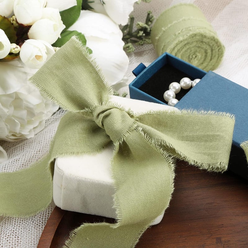 Keypan Sage Green Ribbon 1-1/2 x 15 Yards Handmade Cotton Frayed Fringe Fabric Ribbons for Crafts Flower Bouquets Wedding Baby Shower Home DIY Decor - Image 5